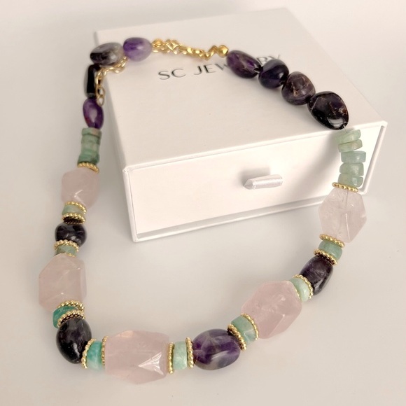 Gemstone Necklace | Pink Quartz & Amazonite | Handcrafted Luxury Jewelry - Picture 4 of 10